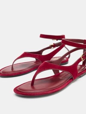 ZARA Burgundy Suede Leather Sandals Size 41 US 10 Ankle Strap Gold Buckle Thong